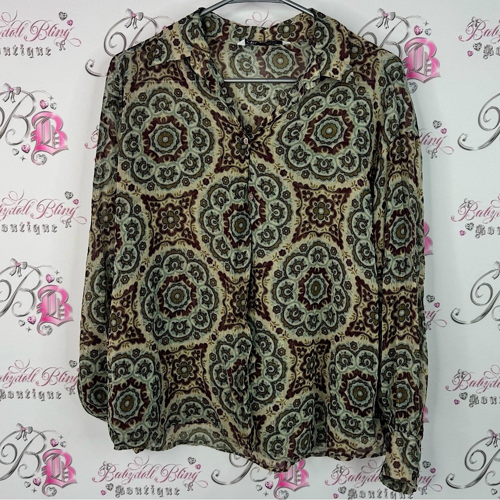 Zara blouse gold threads sparkly mandala button up Multicolor Patterned Blouse